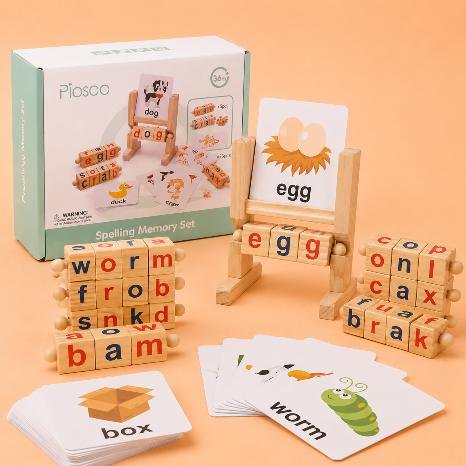 Montessori Wooden Spelling Game – Kids Word Builder Learning Toy with Flash Cards – Hands-On Literacy & Phonics Game – Educational Gift for Ages 3+