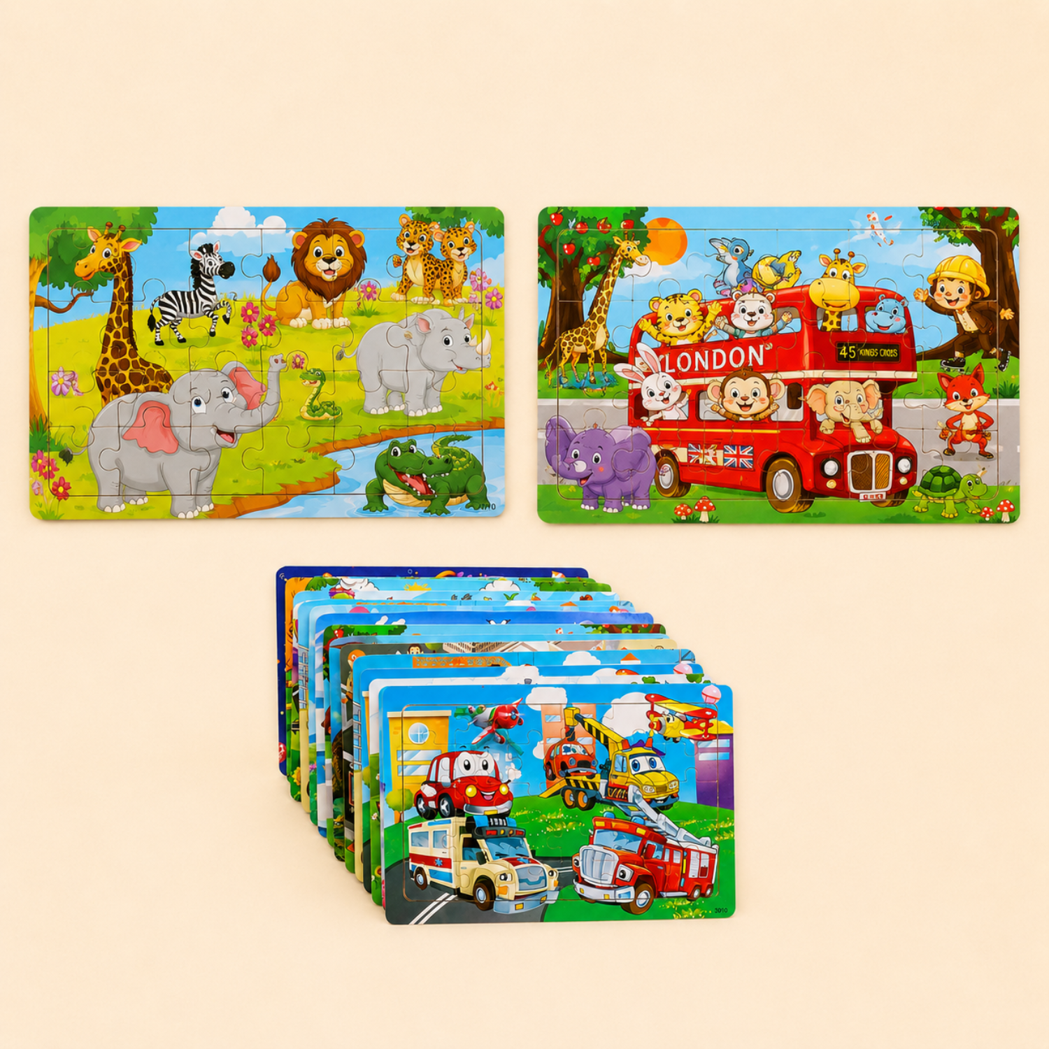 30-Piece Wooden Puzzle Set - Animals, Dinosaurs & Cartoon Themes - Montessori Educational Toy - Creative Gift for Toddlers & Kids
