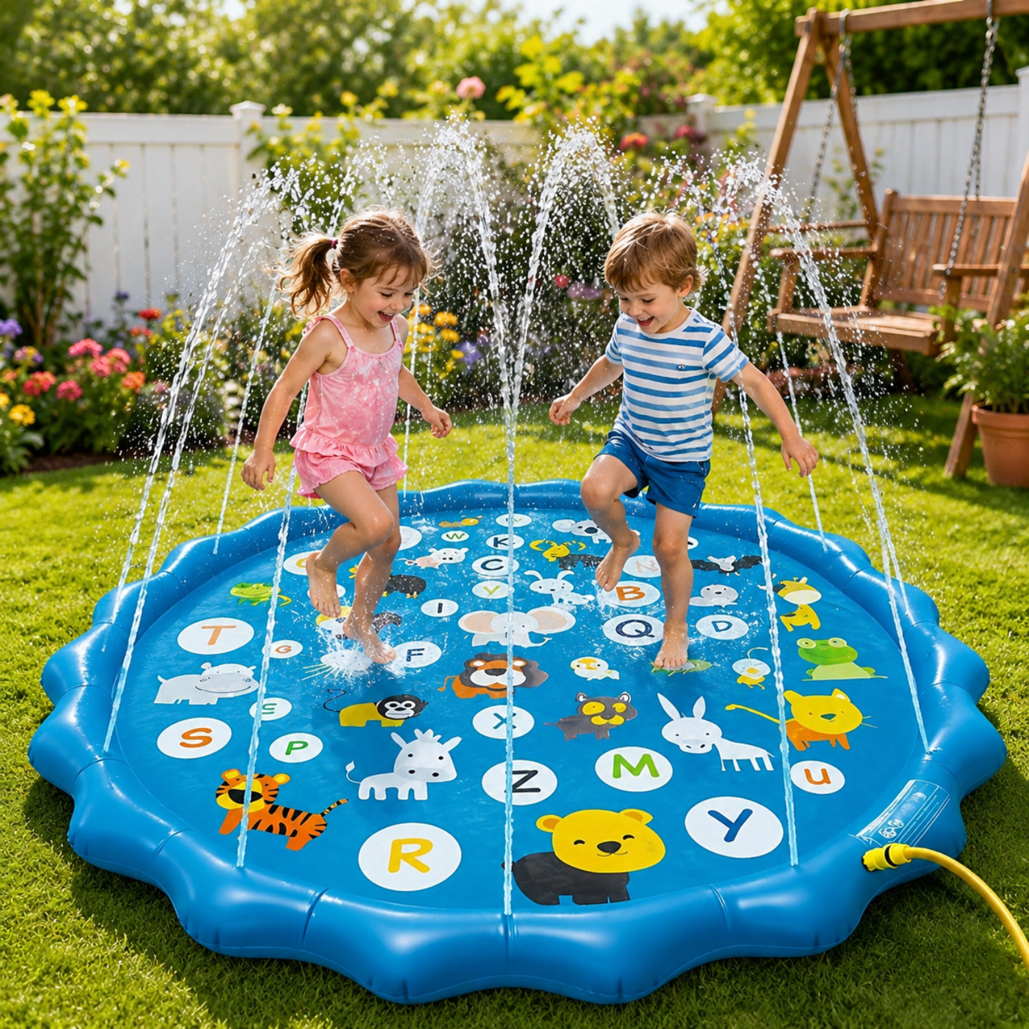 Extra Large Inflatable Sprinkler Pad for Kids – 26 Alphabet & Animal Pattern Water Play Mat – Durable PVC Splash Pad for Yard, Lawn, & Garden – Educational Summer Toy for Ages 3+