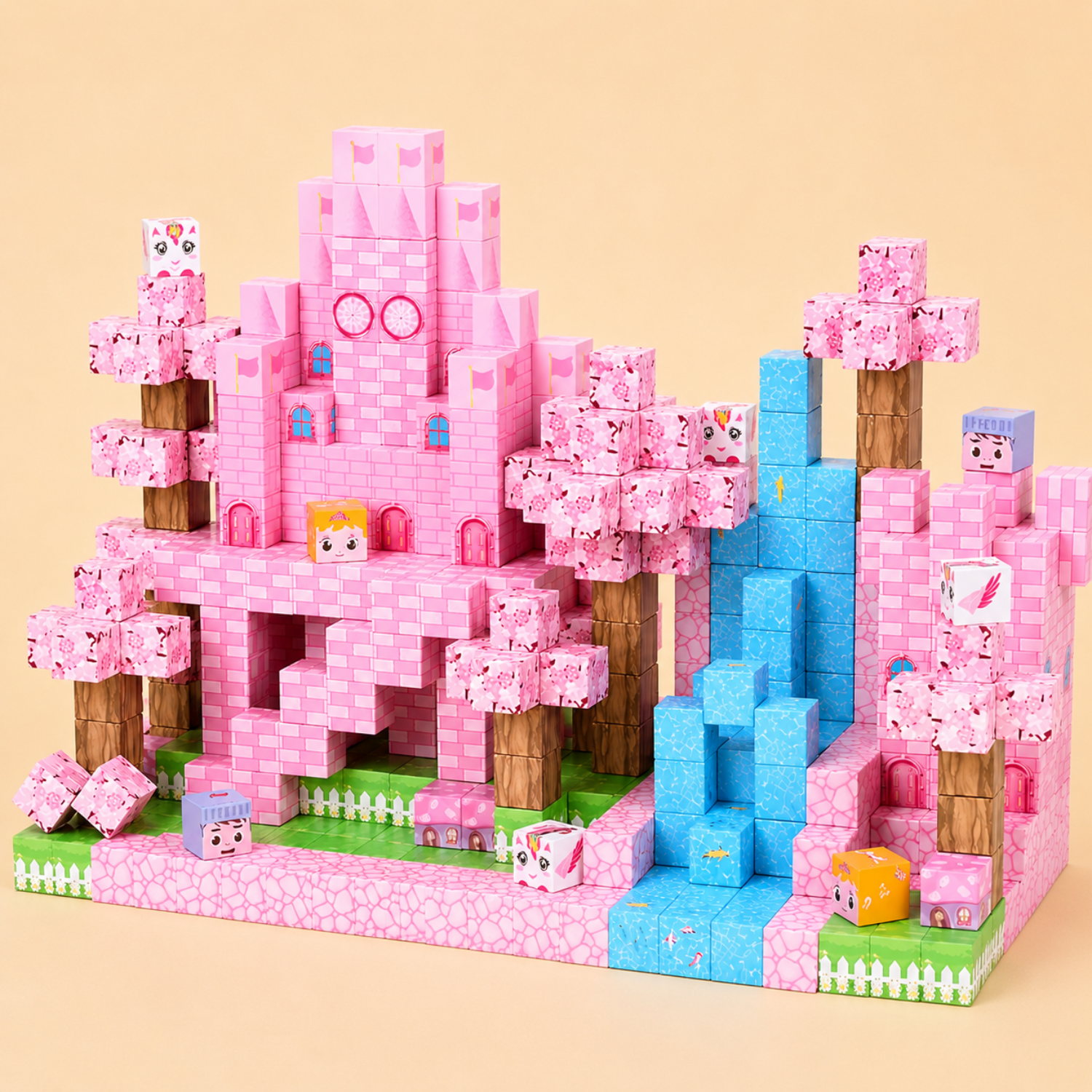 Pink Sakura Castle Magnetic Cubes - 100-Piece DIY Building Toy - Magical Snow Palace STEM Set - Perfect Birthday Gift for Girls & Kids