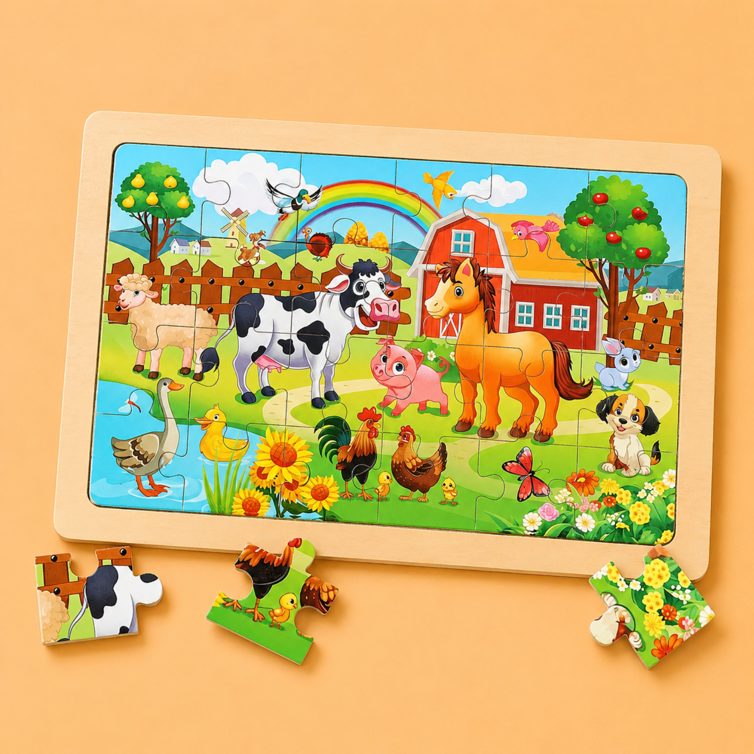 24-Piece Wooden Jigsaw Puzzle - Scratch-Resistant Learning Toy - Ideal Travel Activity Gift for Toddlers & Kids - Mojibricks