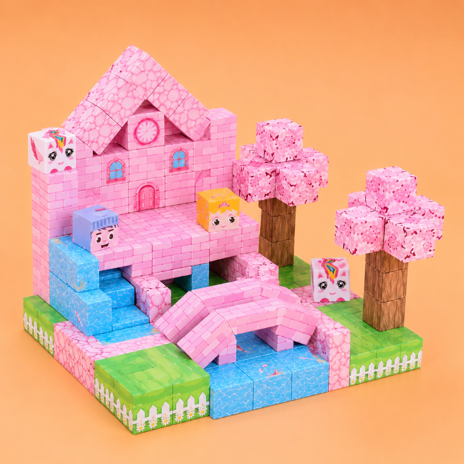 Pink Sakura Castle Magnetic Cubes - 100-Piece DIY Building Toy - Magical Snow Palace STEM Set - Perfect Birthday Gift for Girls & Kids