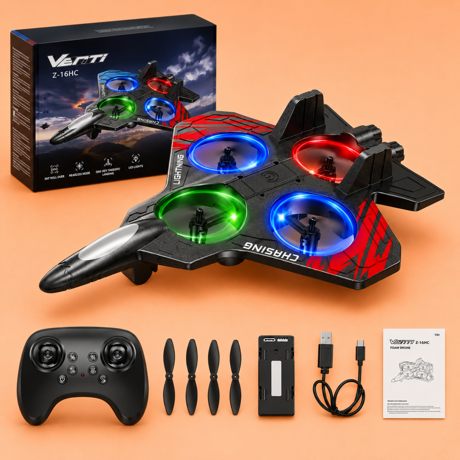 LED Foam Drone for Kids – 2.4GHz Stunt Fighter Jet – 360° Flip & Intelligent Hover – Crash-Resistant EPP Foam – RC Toy Plane with LED Lights