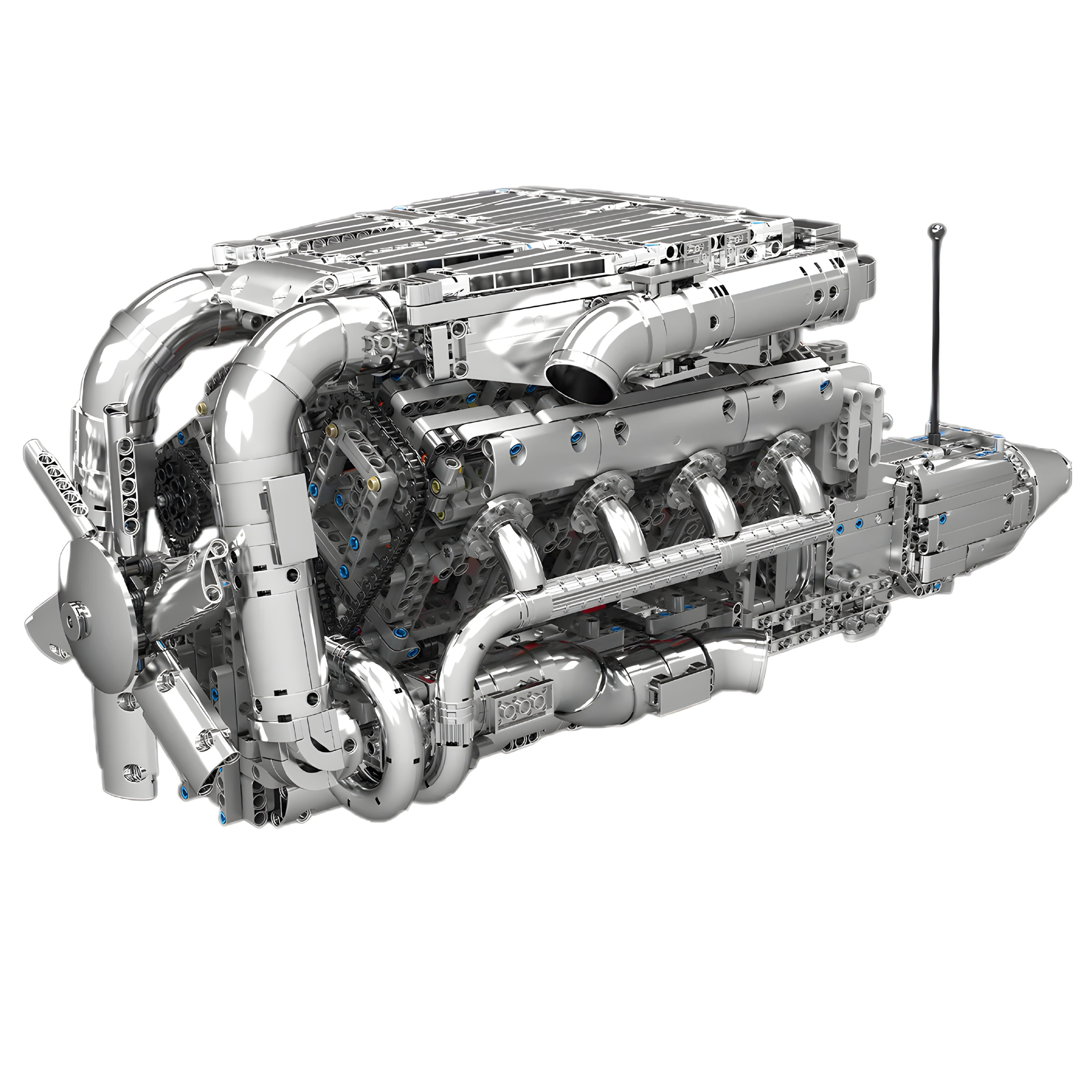Ultimate Chrome V8 Engine & Gearbox - MOC Building Kit - 2898 Pcs
