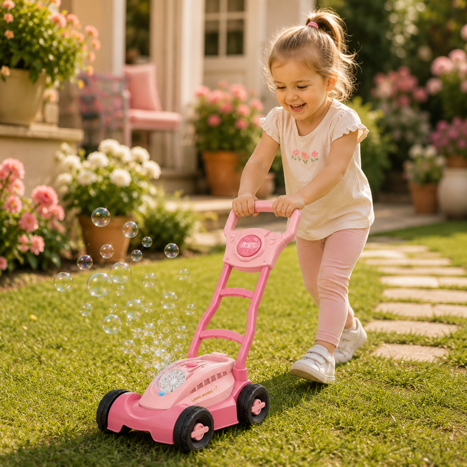 Kids Bubble Lawn Mower Toy – Push-Along Outdoor Bubble Blower – Lightweight Garden Activity & Toy for Toddlers – Playful Pink Design for Ages 2+