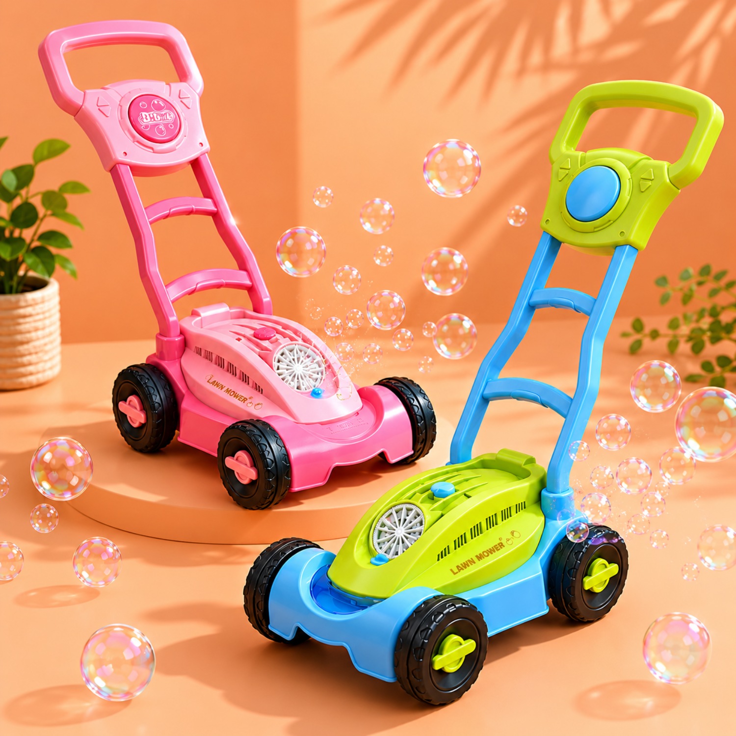 Kids Bubble Lawn Mower Toy – Push-Along Outdoor Bubble Blower – Lightweight Garden Activity & Toy for Toddlers – Playful Pink Design for Ages 2+