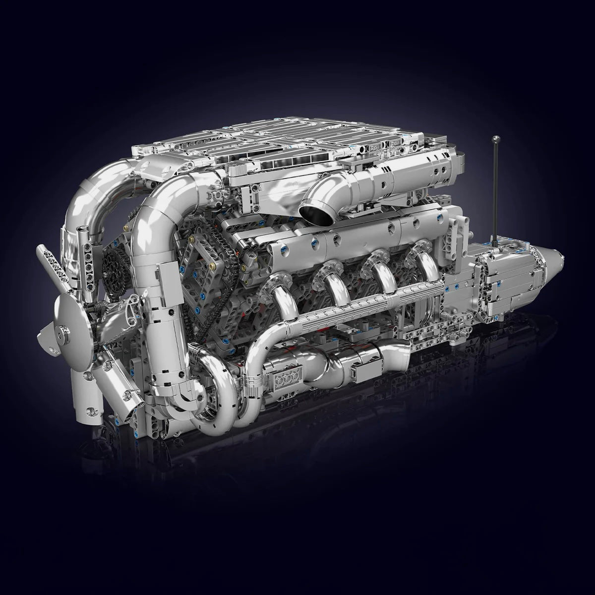 Ultimate Chrome V8 Engine & Gearbox - MOC Building Kit - 2898 Pcs