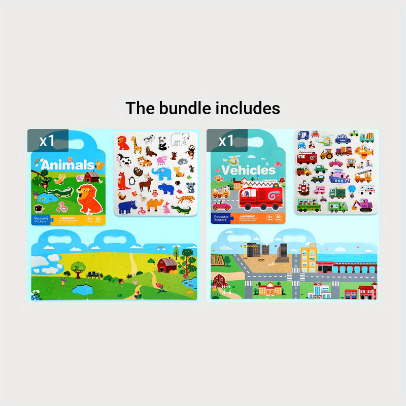 Reusable Sticker Book for Kids – Waterproof, Double-Sided Educational Toy with Dinosaurs, Animals & Vehicles
