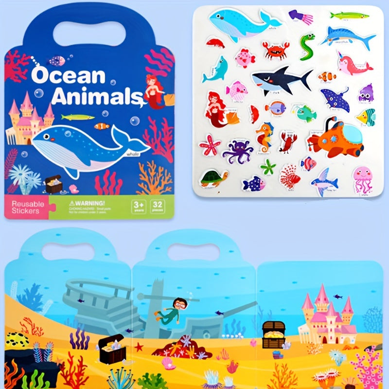 Reusable Sticker Book for Kids – Waterproof, Double-Sided Educational Toy with Dinosaurs, Animals & Vehicles
