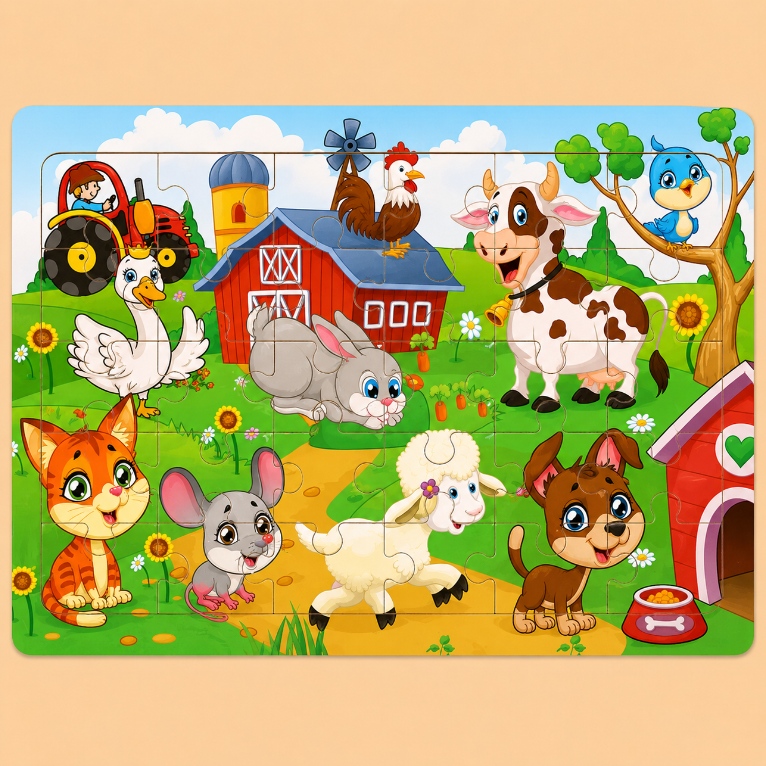 30-Piece Wooden Puzzle Set - Animals, Dinosaurs & Cartoon Themes - Montessori Educational Toy - Creative Gift for Toddlers & Kids