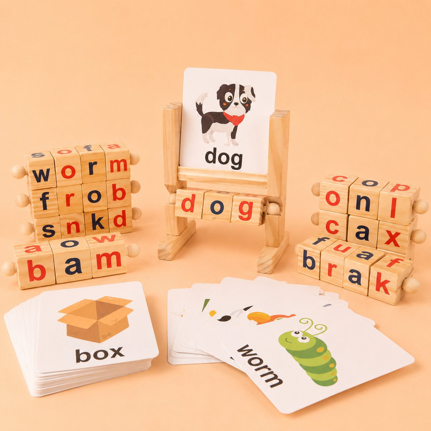 Montessori Wooden Spelling Game – Kids Word Builder Learning Toy with Flash Cards – Hands-On Literacy & Phonics Game – Educational Gift for Ages 3+