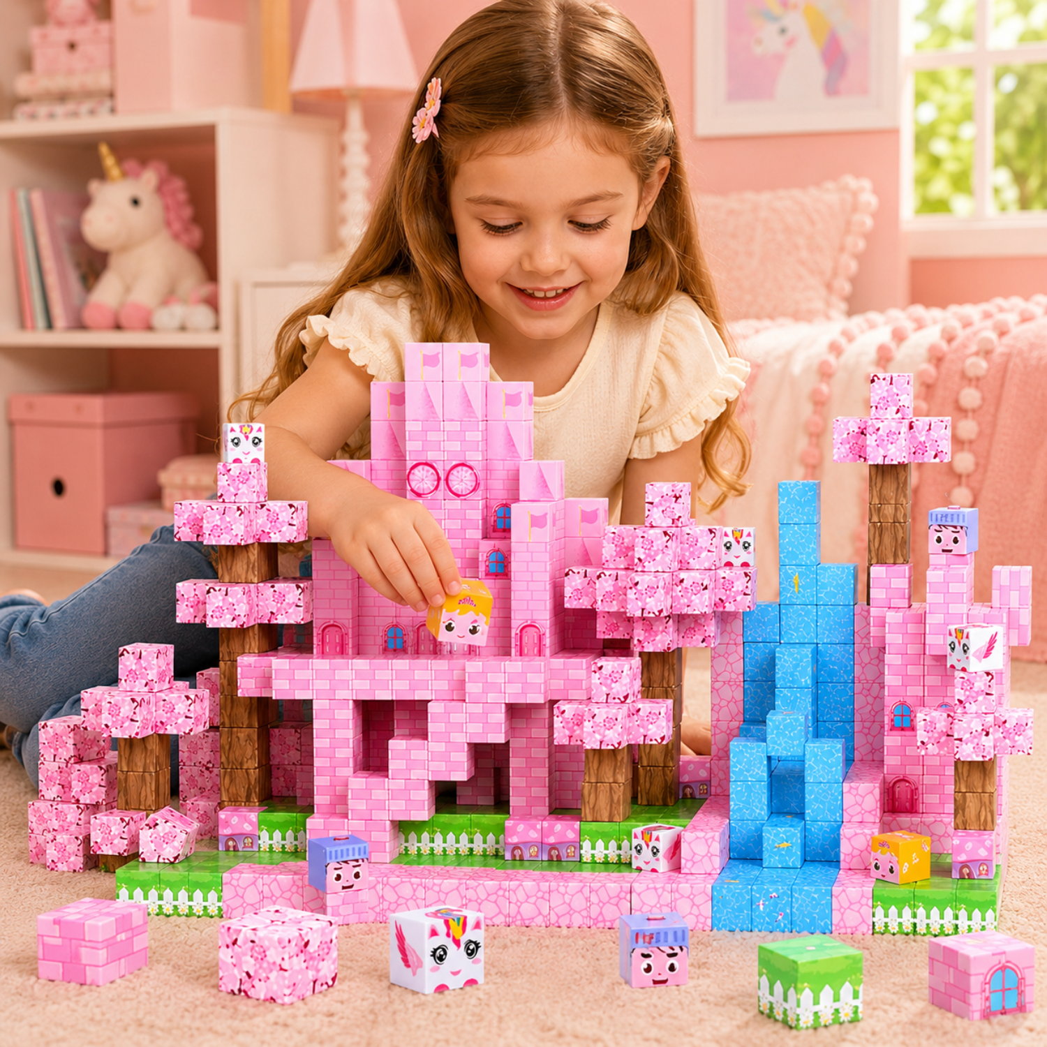 Pink Sakura Castle Magnetic Cubes - 100-Piece DIY Building Toy - Magical Snow Palace STEM Set - Perfect Birthday Gift for Girls & Kids