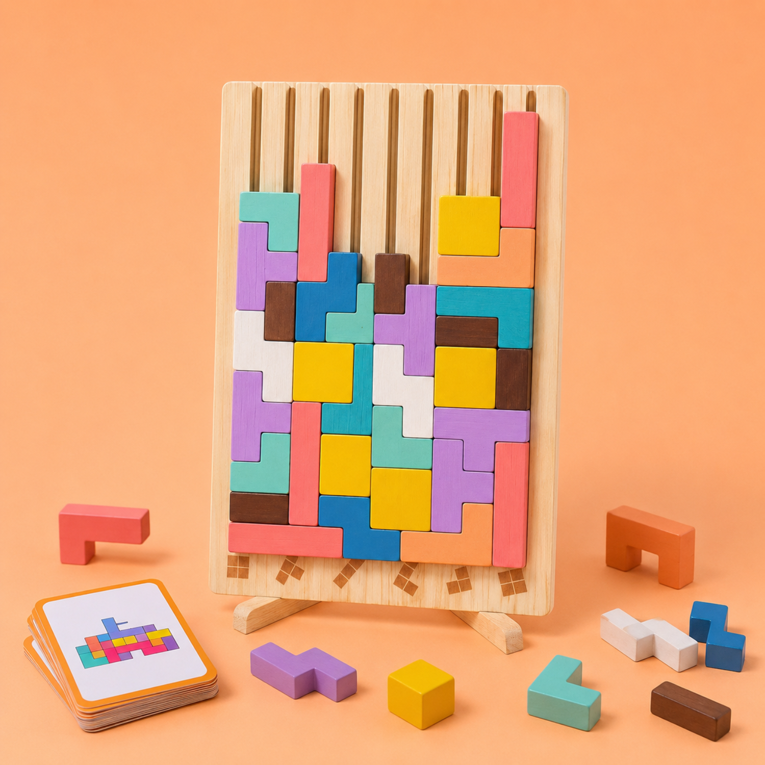 Montessori Wooden Colorful Tetris Toy – 3D Logic Puzzle & STEM Learning Game – High-Quality Eco-Friendly Wood – For Kids Ages 3+