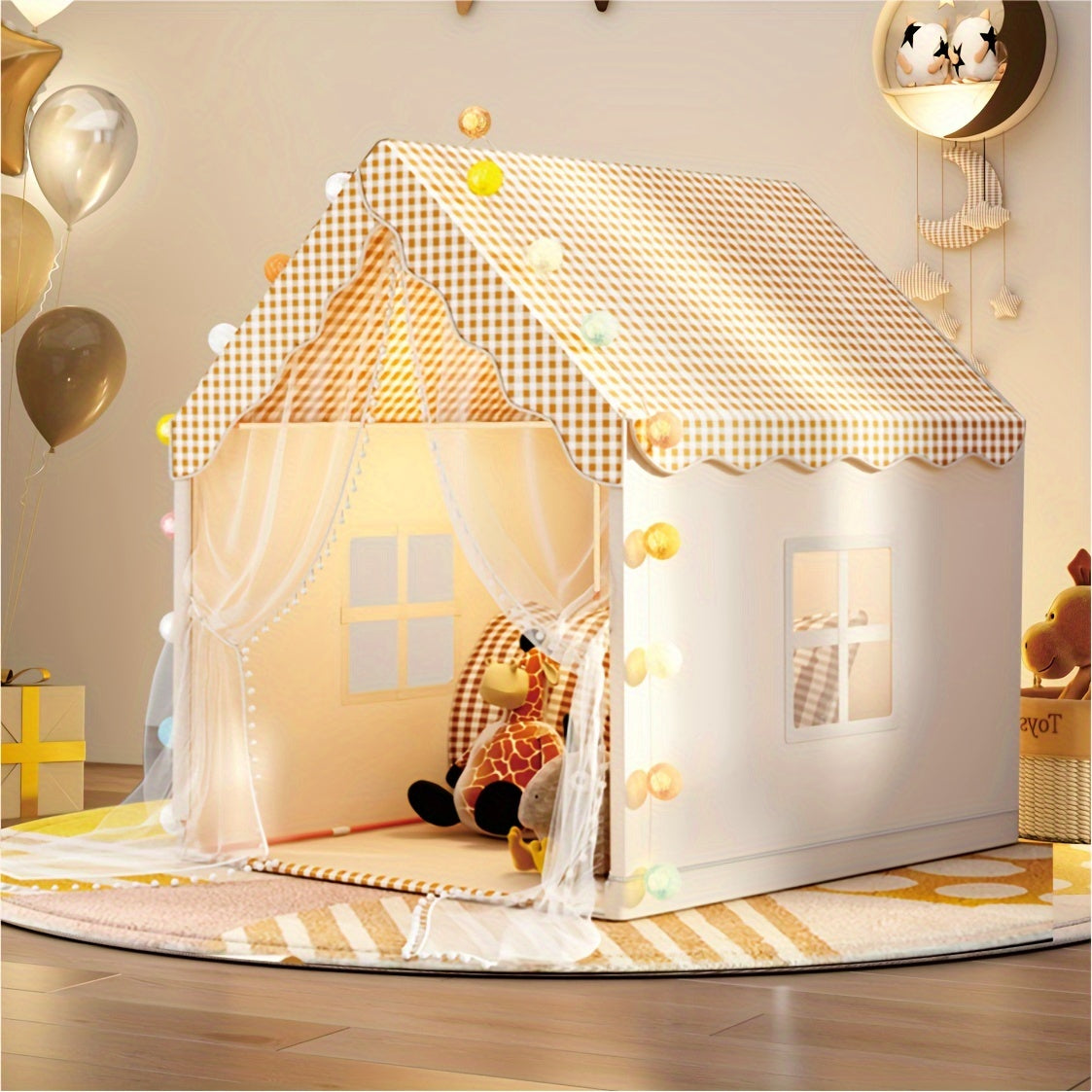 Castle Playhouse Tent with Lights – Indoor Princess Fort for Kids, Foldable Pretend Play Tent