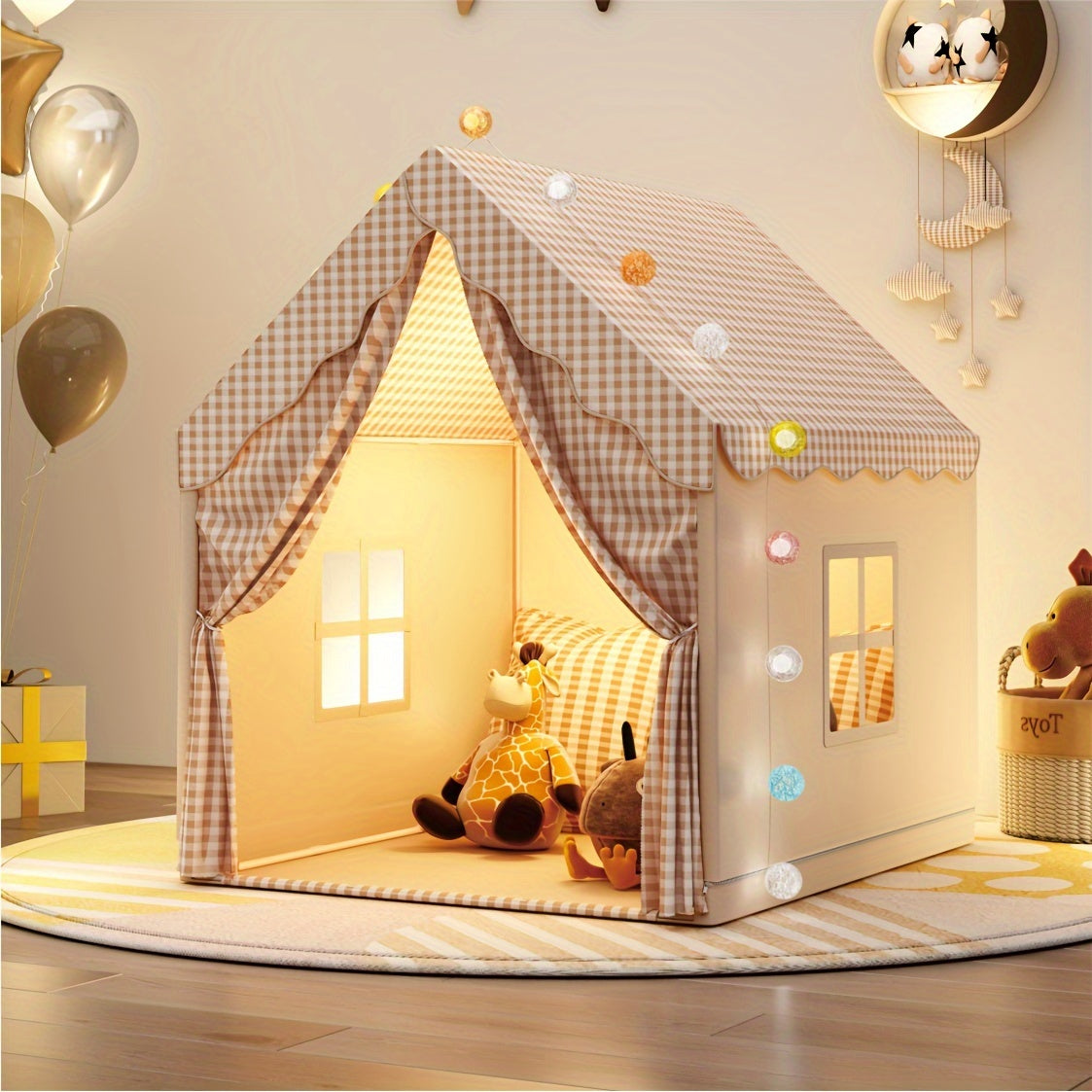 Castle Playhouse Tent with Lights – Indoor Princess Fort for Kids, Foldable Pretend Play Tent