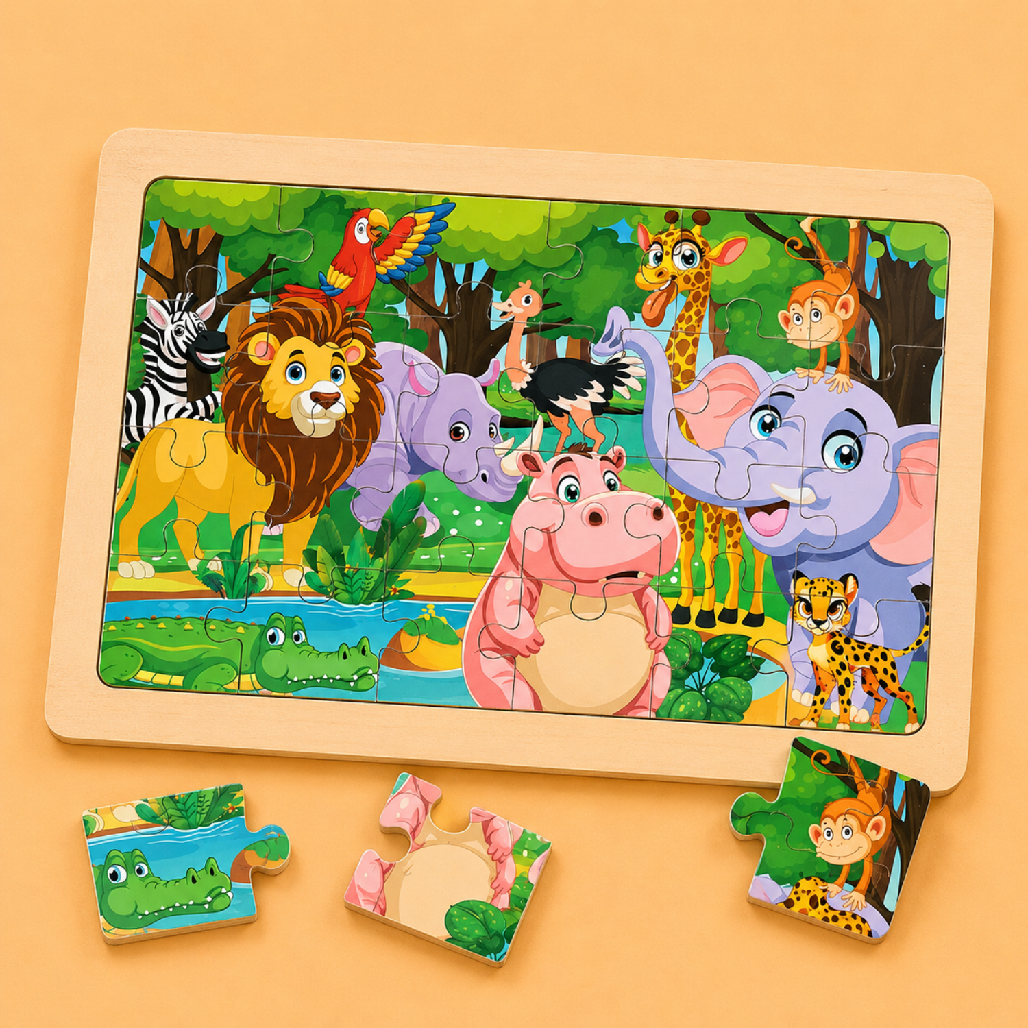 24-Piece Wooden Jigsaw Puzzle - Scratch-Resistant Learning Toy - Ideal Travel Activity Gift for Toddlers & Kids - Mojibricks