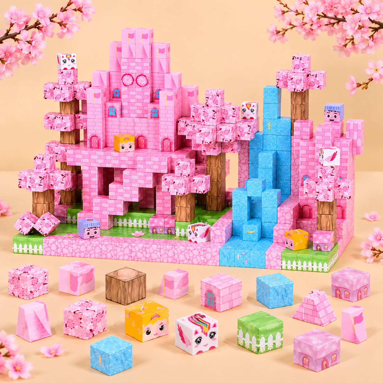 Pink Sakura Castle Magnetic Cubes - 100-Piece DIY Building Toy - Magical Snow Palace STEM Set - Perfect Birthday Gift for Girls & Kids