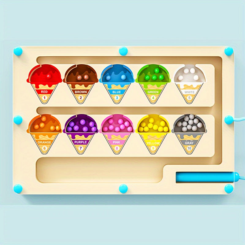 Magnetic Ice Cream Maze Puzzle – Educational Wooden Toy for Kids Age 3+, Color Matching & Motor Skills Game