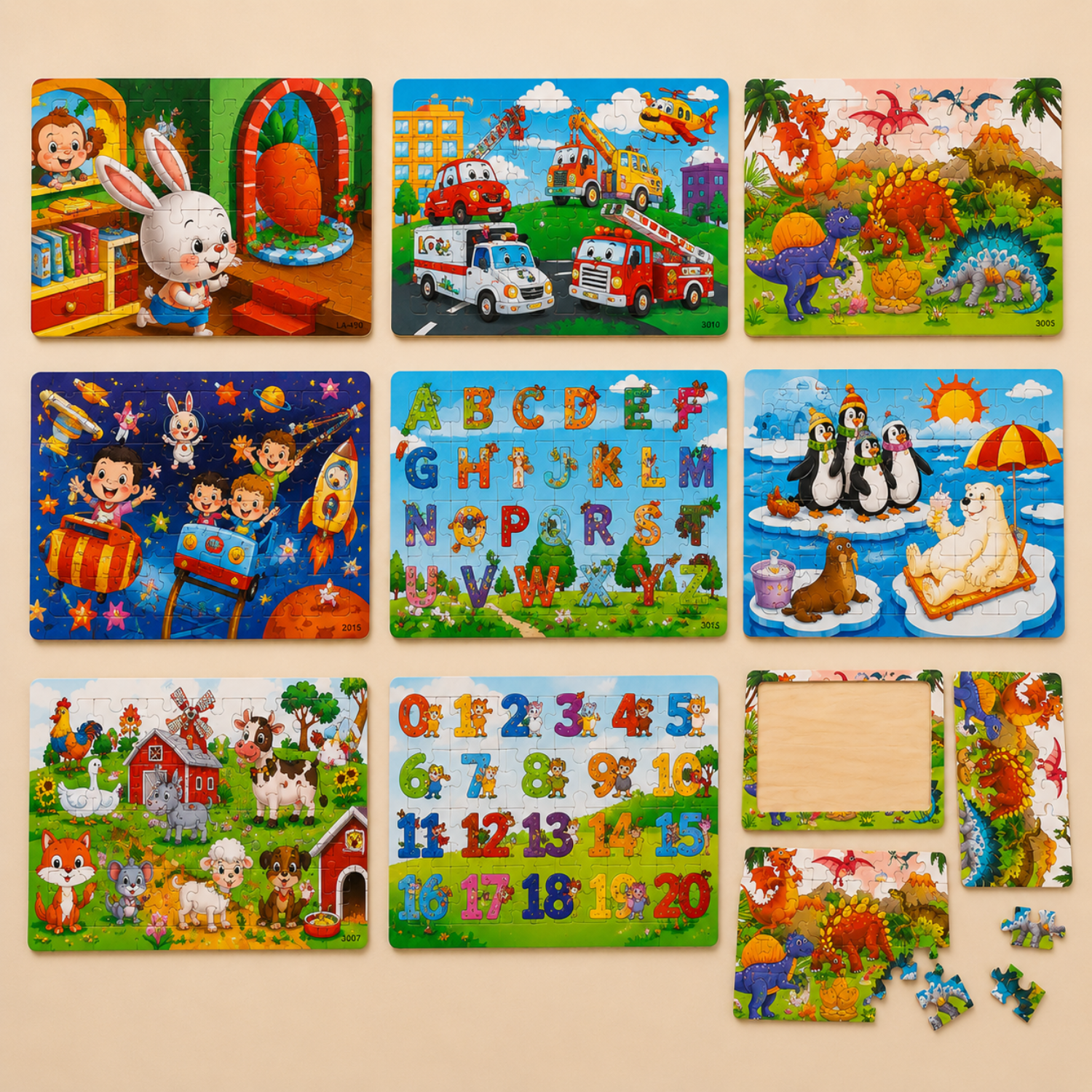 30-Piece Wooden Puzzle Set - Animals, Dinosaurs & Cartoon Themes - Montessori Educational Toy - Creative Gift for Toddlers & Kids