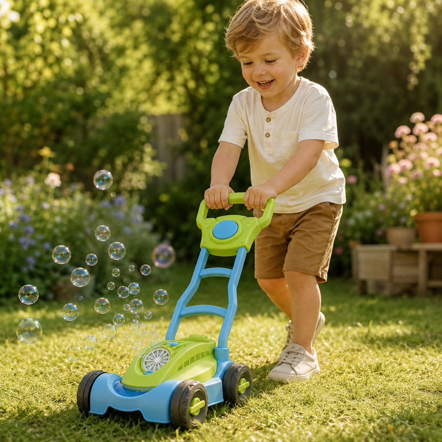 Kids Bubble Lawn Mower Toy – Push-Along Outdoor Bubble Blower – Lightweight Garden Activity & Toy for Toddlers – Playful Pink Design for Ages 2+