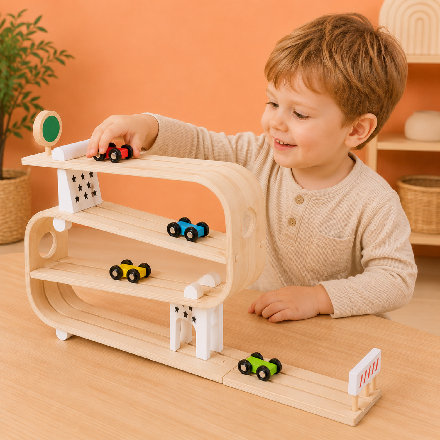 Speedy Slide Car Track – Wooden Racing Ramp Toy for Toddlers