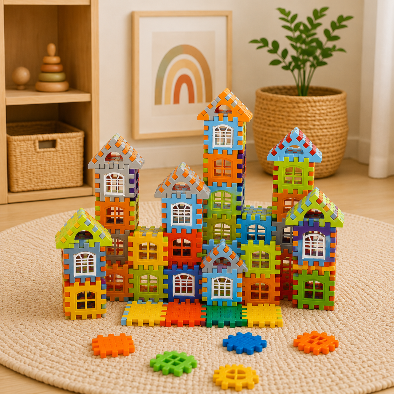 100-Piece Creative House Builder Set - Large Interlocking Puzzle Blocks - Educational STEM Construction Toy - Colorful Assembly Blocks for Kids
