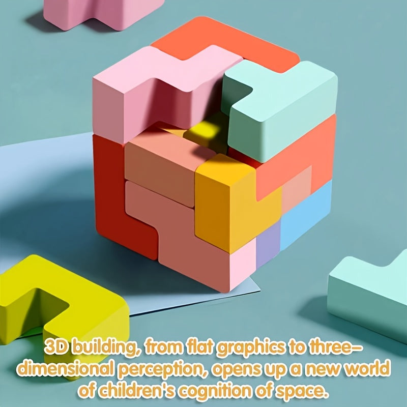 3D Wooden Puzzle Blocks – Educational Brain Teaser Toy for Kids, Colorful Interlocking Logic Game