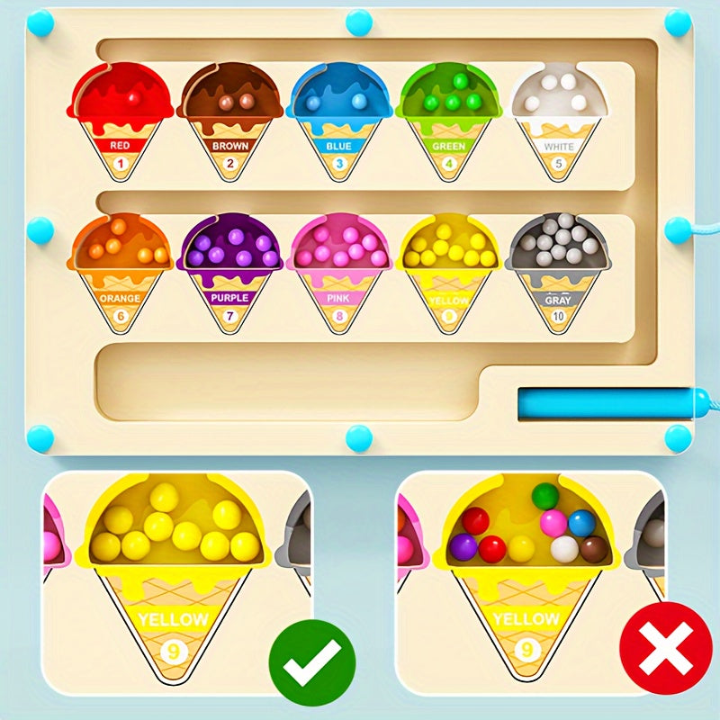 Magnetic Ice Cream Maze Puzzle – Educational Wooden Toy for Kids Age 3+, Color Matching & Motor Skills Game