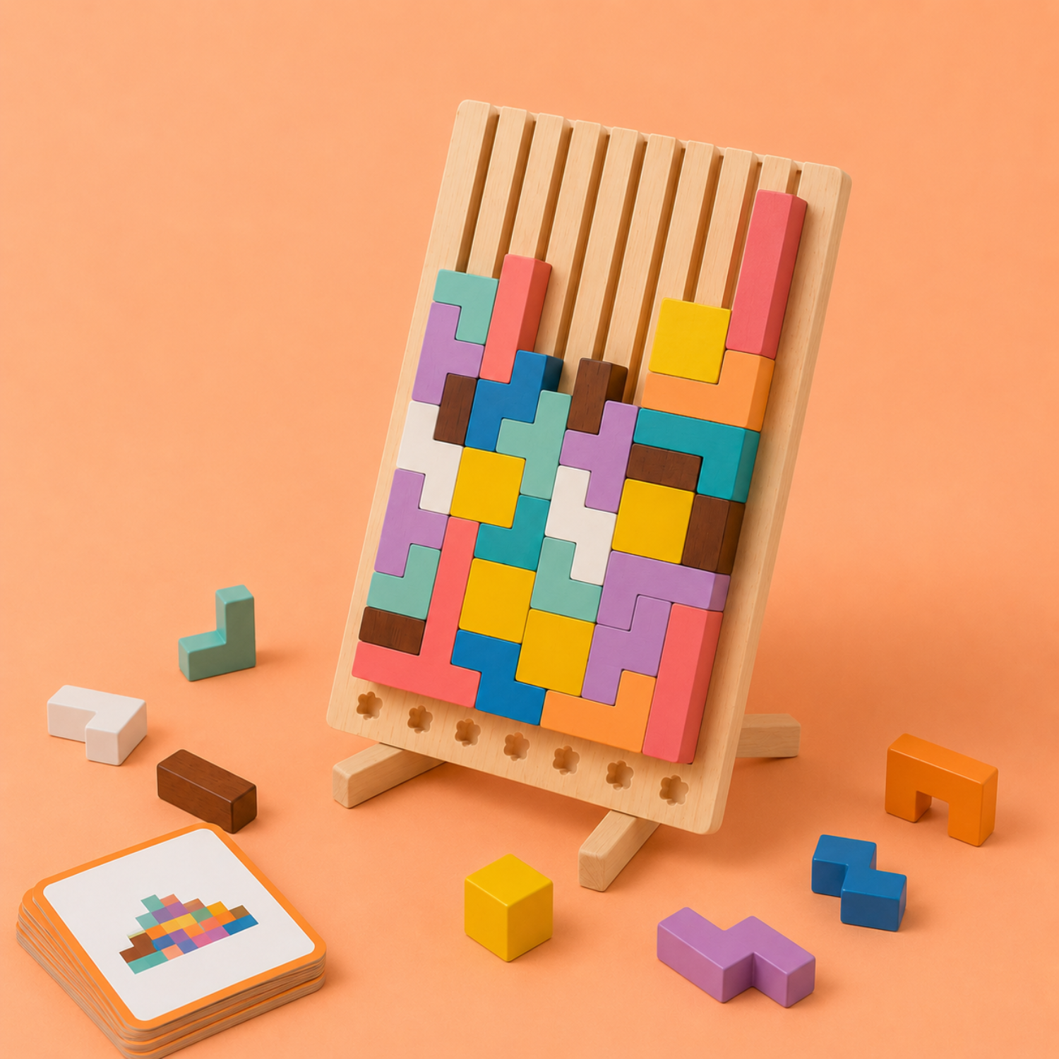Montessori Wooden Colorful Tetris Toy – 3D Logic Puzzle & STEM Learning Game – High-Quality Eco-Friendly Wood – For Kids Ages 3+