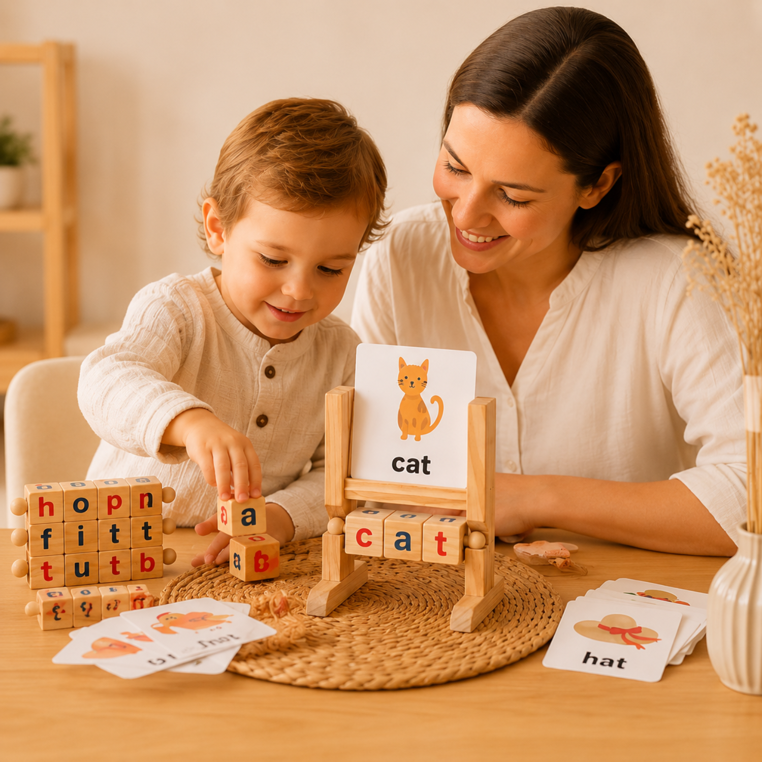 Montessori Wooden Spelling Game – Kids Word Builder Learning Toy with Flash Cards – Hands-On Literacy & Phonics Game – Educational Gift for Ages 3+