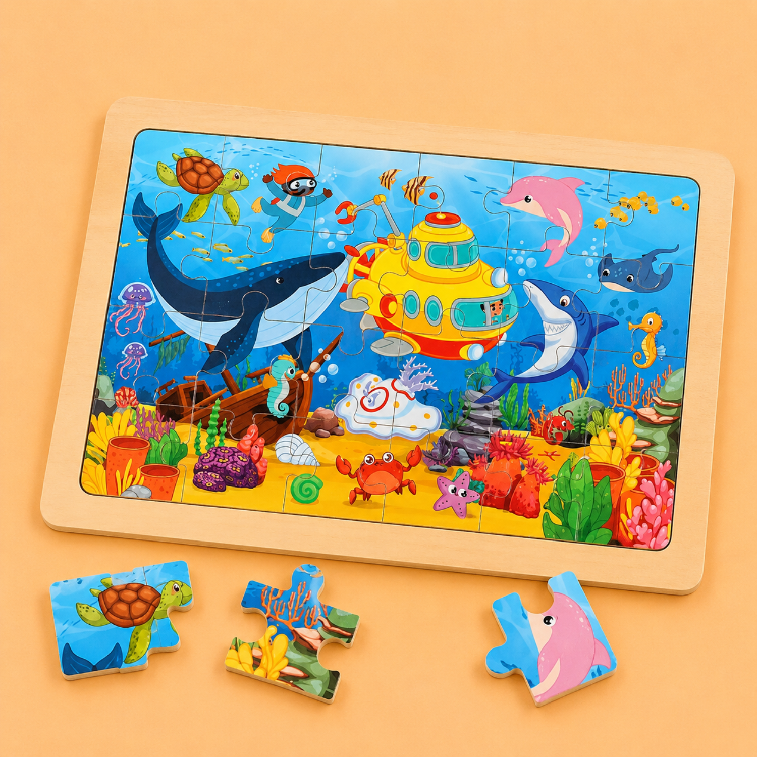 24-Piece Wooden Jigsaw Puzzle - Scratch-Resistant Learning Toy - Ideal Travel Activity Gift for Toddlers & Kids - Mojibricks