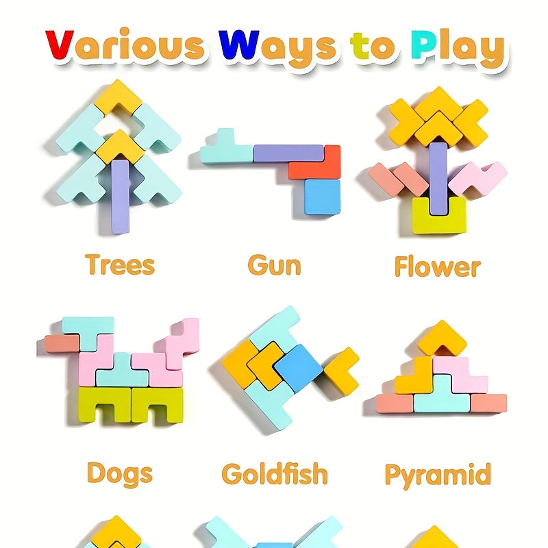 3D Wooden Puzzle Blocks – Educational Brain Teaser Toy for Kids, Colorful Interlocking Logic Game