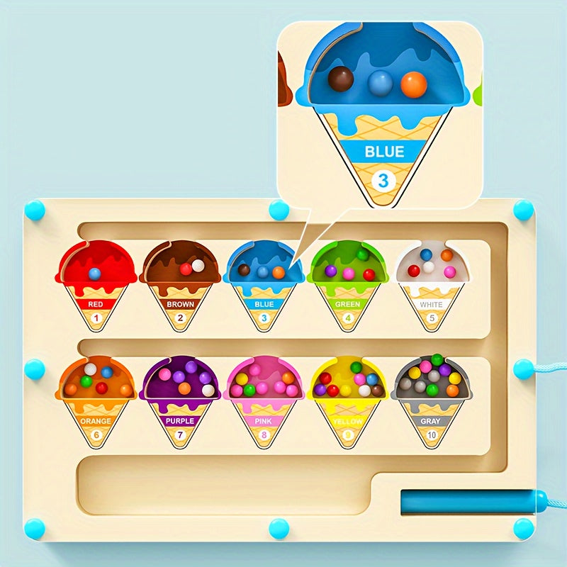 Magnetic Ice Cream Maze Puzzle – Educational Wooden Toy for Kids Age 3+, Color Matching & Motor Skills Game