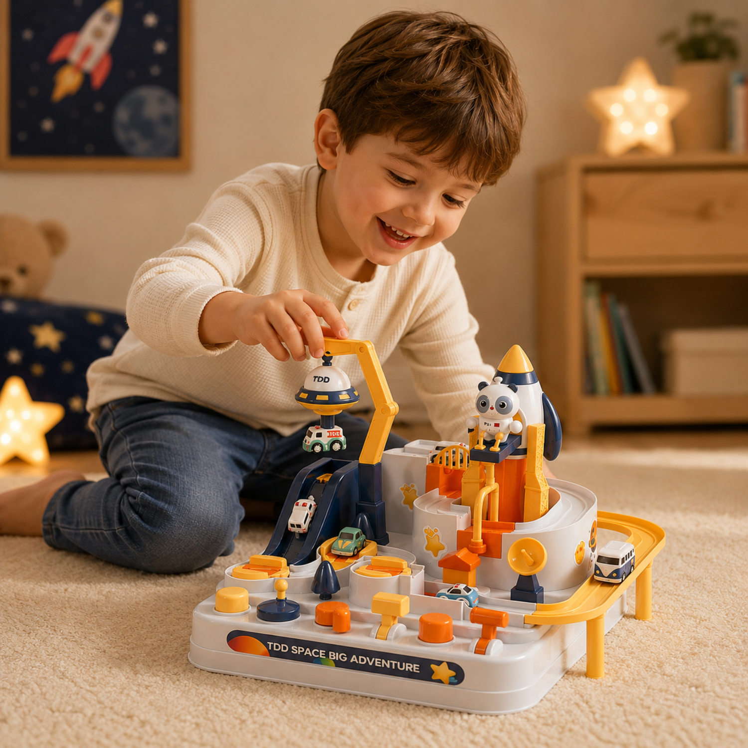 Space Adventure Car Track Toy – Kids Interactive Race Track Playset with Cars – Multi-Level Intergalactic STEM Toy – Creative Birthday Gift for Ages 3+