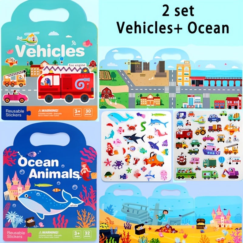 Reusable Sticker Book for Kids – Waterproof, Double-Sided Educational Toy with Dinosaurs, Animals & Vehicles