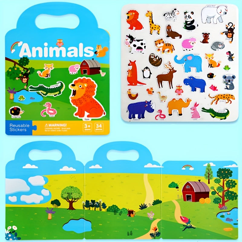 Reusable Sticker Book for Kids – Waterproof, Double-Sided Educational Toy with Dinosaurs, Animals & Vehicles