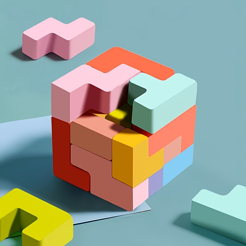 3D Wooden Puzzle Blocks – Educational Brain Teaser Toy for Kids, Colorful Interlocking Logic Game