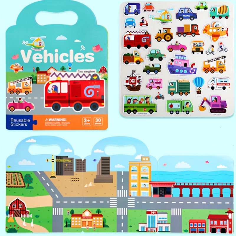 Reusable Sticker Book for Kids – Waterproof, Double-Sided Educational Toy with Dinosaurs, Animals & Vehicles