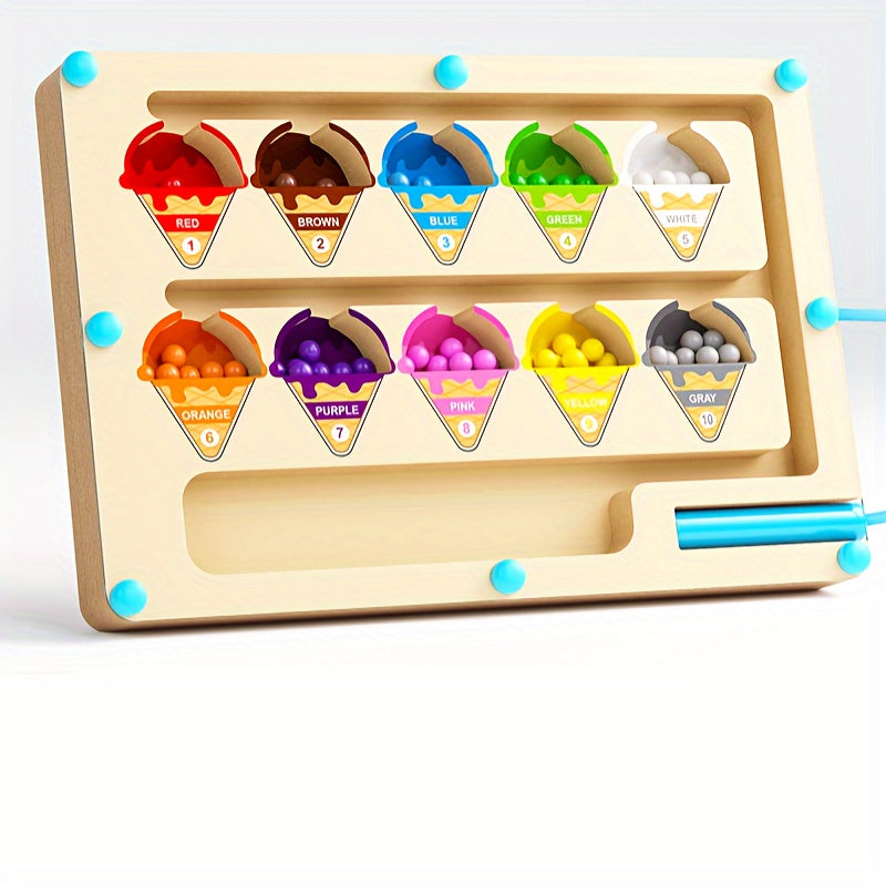 Magnetic Ice Cream Maze Puzzle – Educational Wooden Toy for Kids Age 3+, Color Matching & Motor Skills Game