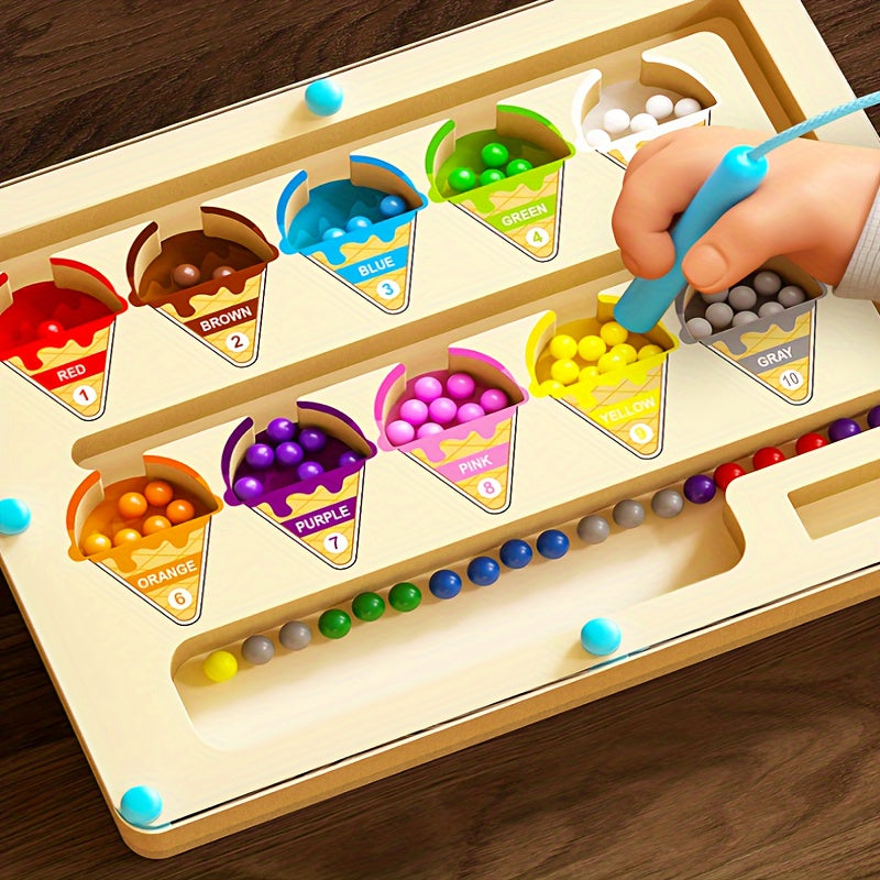 Magnetic Ice Cream Maze Puzzle – Educational Wooden Toy for Kids Age 3+, Color Matching & Motor Skills Game